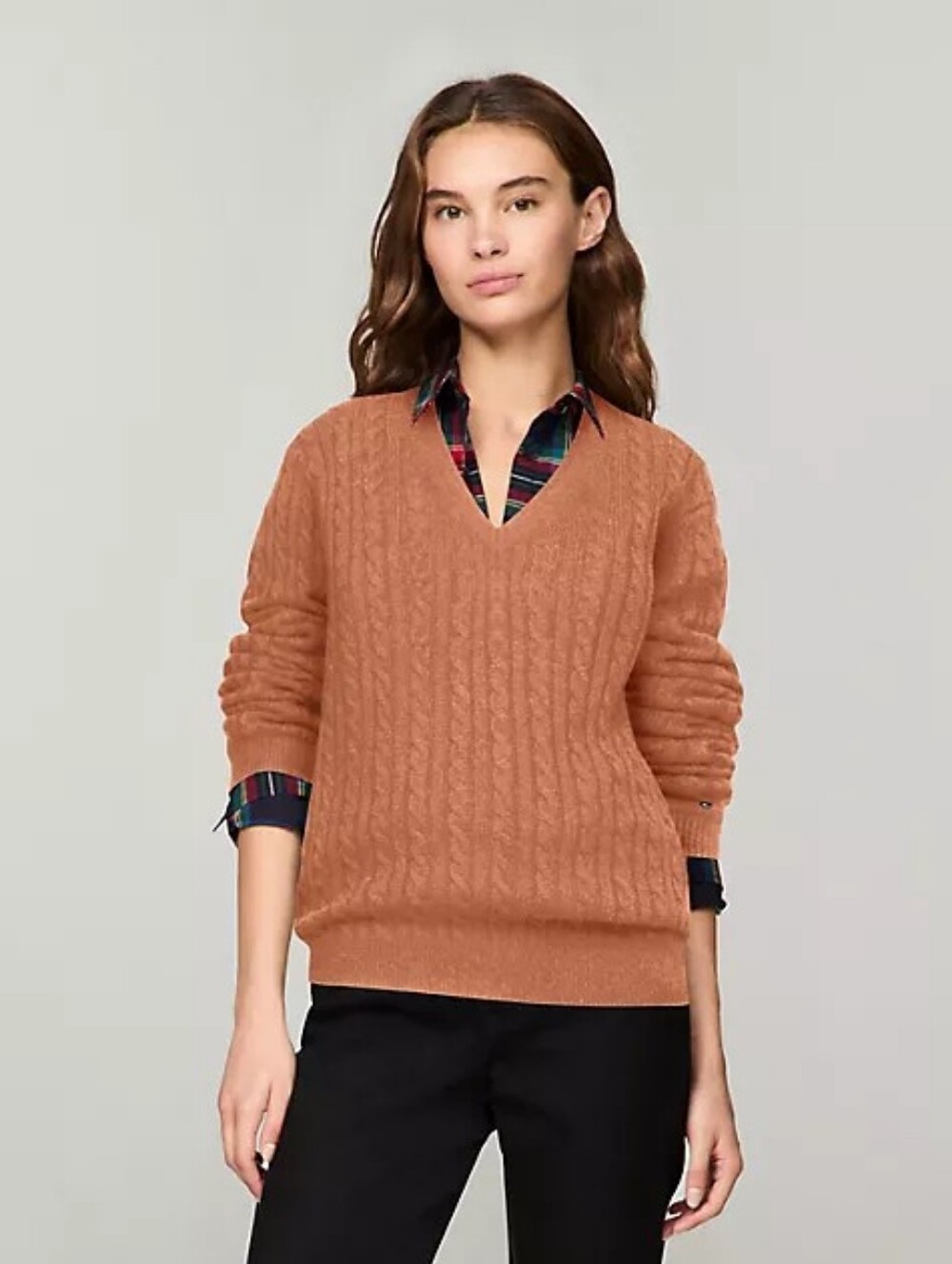 Tommy Hilfiger Womens Brown Wool Blend Cable Knit V-Neck Sweater - Size Small
